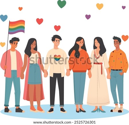 Vector Illustration of a group of youngsters of multiple sexuality marching for pride month to support lgbtqia activity holding rainbow flag for diversity and inclusion