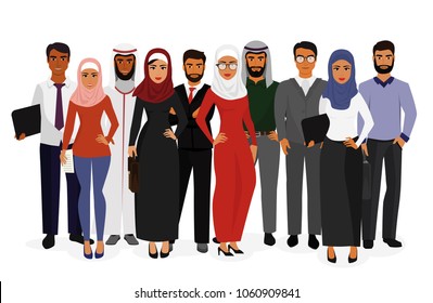 Vector Illustration Of Groupe Arab Man And Woman Business People Standing Together In Traditional Islamic Clothes On White Background In Flat Style. Arabic Characters Businessmen And Businesswomen.