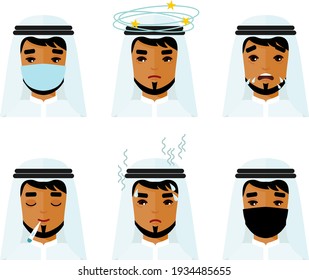 Vector illustration of groupe avatar sick muslime people male, pneumonia, temperature, sneeze, headache.
Set arab men wearing protective medical mask protect them from COVID 19, coronavirus. 