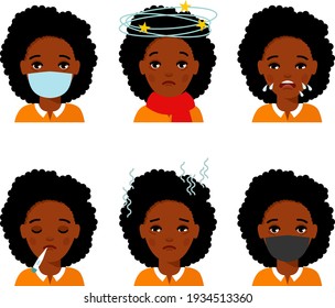 Vector illustration of groupe sick african american people female, pneumonia, temperature, sneeze, headache.
Set black women wearing protective medical mask protect them from COVID 19, coronavirus. 