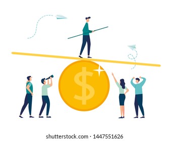 Vector Illustration Of Groups Of People On A Swing On A Big Coin, Balance, Cost, Power And Comparison