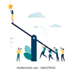 Vector illustration of groups of people on a swing and outweighs them to get a star from the sky, achieving success