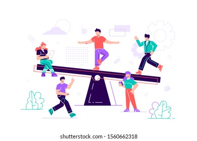 Vector illustration of groups of people on a swing and outweighs them, the concept of overweight, cost, power and comparison. Flat style modern design vector illustration for web page, cards, poster, 