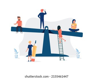 Vector illustration of groups of people on a swing and outweighs them, the concept of overweight, cost, power and comparison. Work and life balance. Unbalanced, business characters measure ideas, cost