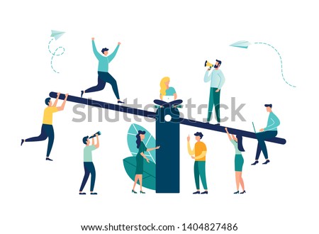 Vector illustration of groups of people on a swing and outweighs them, the concept of overweight, cost, power and comparison