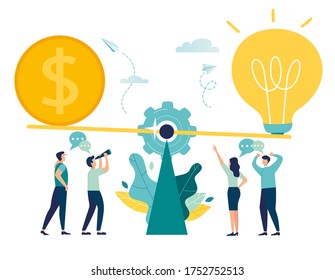 Vector illustration of groups of people who invest in the idea on a swing, balance and balance.