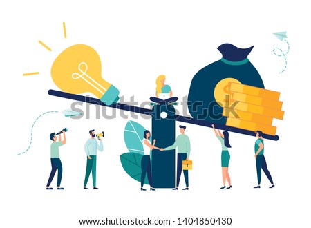 A vector illustration of groups of people who inject money into an idea on a swing and outweighs it, the concept of overweight, value, purchase