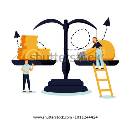 A vector illustration of groups of people who inject money into an idea on a swing and outweighs it, the concept of overweight, value, purchase