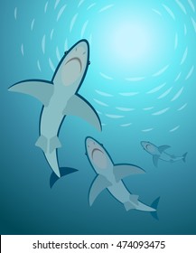 Vector illustration with groups of sharks under the water, isolated on background.