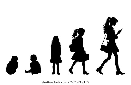 Vector illustration. Growing up children. Set of silhouettes of people.
