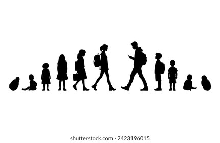 Vector illustration. Growing up children. Set of silhouettes of people.