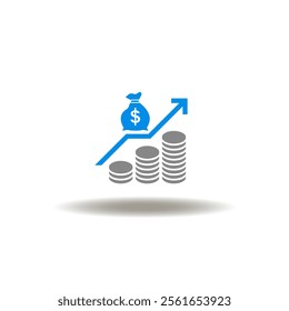 Vector illustration of growing coins pile stack with increasing graph and money bag. Symbol of profit, earnings growth.