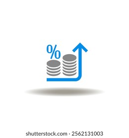 Vector illustration of growing coins pile stack with percent sign and arrow up. Symbol of inflation. Icon of recession.