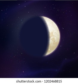 Vector illustration of growing moon phase on outer space background.