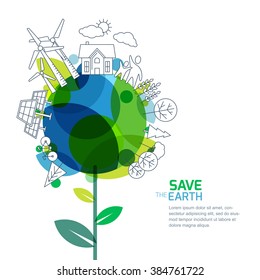 Vector illustration of growing plant and earth with outline trees, house, people and alternative energy generators. Green world, environment and ecology concept. Background design for save earth day. 