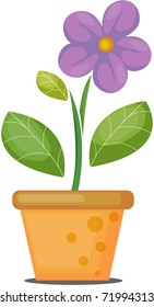 Vector illustration of growing plant with purple flower in pot.