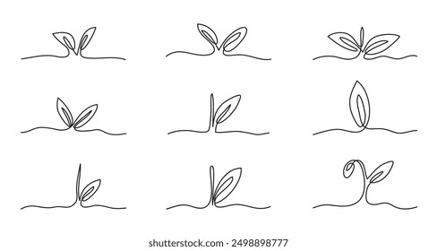A vector illustration of a growing sprout with continuous line art collection, showcasing a single plant in minimalist style.