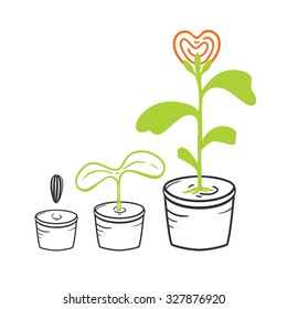 Vector illustration of a growing sprout from a seed to a heart-shaped flower