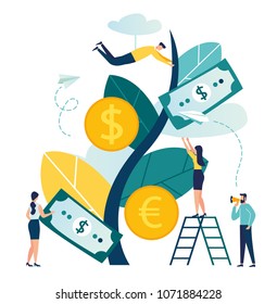 Vector illustration, a growing tree with coins and money, caring for a tree watering coins, growing and making money, profit, the concept of financial management,a symbol of successful business vector