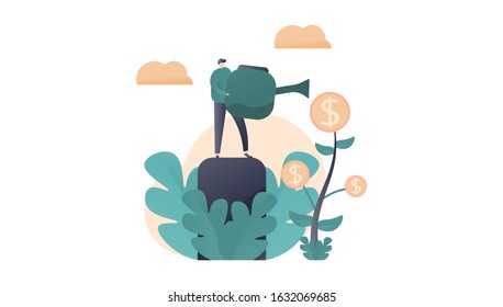 Vector illustration, a growing tree with coins or money, caring for a tree watering coins, growing and making money, profit, the concept of financial management. plant growth, financial growth.