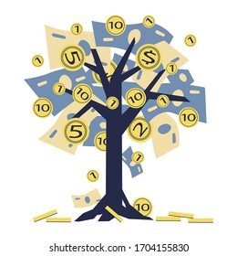 Vector illustration, a growing tree with coins and money, growing and making money, profit, the concept of financial management, a symbol of successful business.