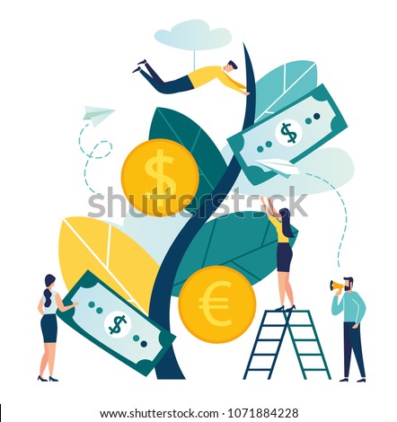 Vector illustration, a growing tree with coins and money, caring for a tree watering coins, growing and making money, profit, the concept of financial management,a symbol of successful business vector