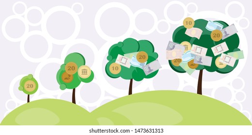 vector illustration of growing tree and money symbols for financial success and investment process