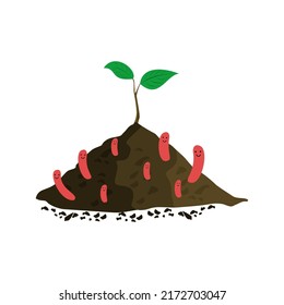 ilustración vectorial de plantas jóvenes en crecimiento a partir de compost lleno de gusanos rojos