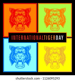 Vector illustration of the growling tiger. International tiger day. July 29.  Striped predator. Bengalese tiger. Head of a tiger. Vector color illustration.