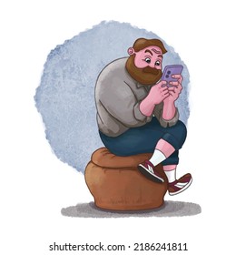 Vector illustration. A grown man with a beard enthusiastically plays with his cell phone