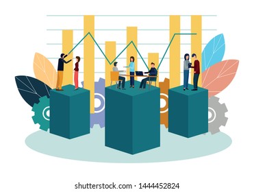 Vector illustration. Growth chart concepts, work of professional people teamwork.