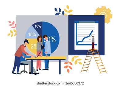 Vector illustration. Growth chart concepts, work of professional people teamwork. Flat style.