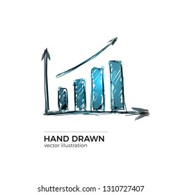 Vector illustration of growth chart. Growing trend in histogram bars. Hand drawn graph isolated on white background.