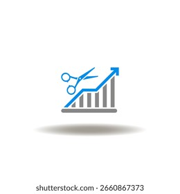 Ilustración vectorial de la tabla de crecimiento y tijeras. Símbolo de la estimación de costos. Icono de reducción del crecimiento presupuestario.