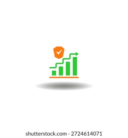 Ilustración vectorial de la gráfica de crecimiento y escudo con marca de verificación. Símbolo de la evaluación de riesgos. Icono del informe de análisis de protección y seguros.