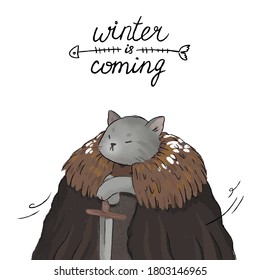 Vector illustration grumpy cat in a  coat Winter is coming