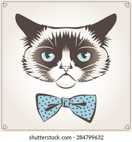 Vector illustration of the grumpy cat with dotted bow tie