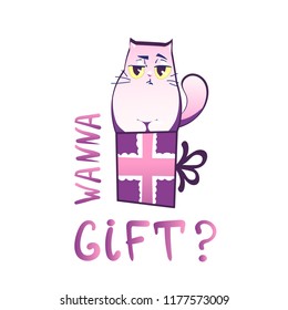 Vector illustration, grumpy cat on a gift box with hand written lettering, simple outlined style with gradients. Perfect for t-shirt prints, funny greeting cards, stickers.