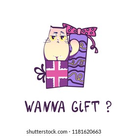 Vector illustration, grumpy cat on a gift box, simple outlined style with gradients. Perfect for t-shirt prints, funny greeting cards, stickers.