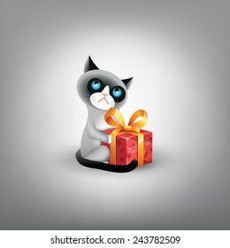 Vector illustration of grumpy cat with red gift box