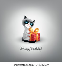 Vector Illustration Of Grumpy Cat With Red Gift Box And Inscription 