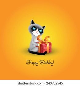 Vector Illustration Of Grumpy Cat With Red Gift Box And Inscription 