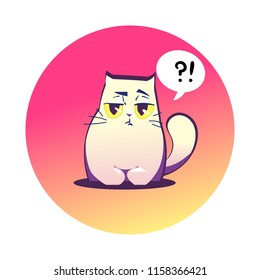 Vector illustration, grumpy cat, simple outlined style with gradients and the speech bubble with question and exclamation marks. 