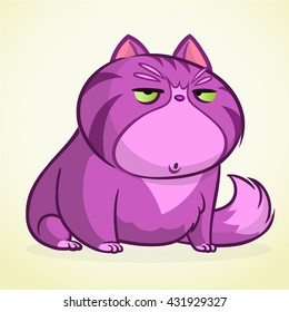 Vector illustration of grumpy purple cat. Fat  cartoon cat with a grumpy expression.
