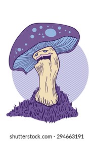 Vector illustration of grumpy violet mushroom on the grass.