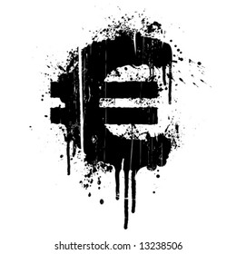 Vector illustration of a grunge aged splatter design element in the shape of the European Union currency, Euro.