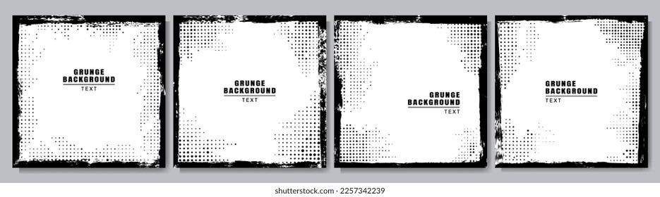 Vector illustration. Grunge borders set. Ink brush strokes mess. Design for social media template, web banner. Halftone overlay. 70s, 80s retro vintage background collection. Black and white color
