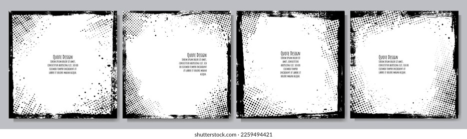 Vector illustration. Grunge borders set. Ink brush strokes mess. Design for social media template, web banner. Halftone overlay. 70s, 80s retro vintage background collection. Black and white color