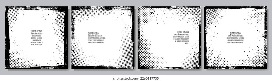 Vector illustration. Grunge borders set. Ink brush strokes mess. Design for social media template, web banner. Halftone overlay. 70s, 80s retro vintage background collection. Quotation text