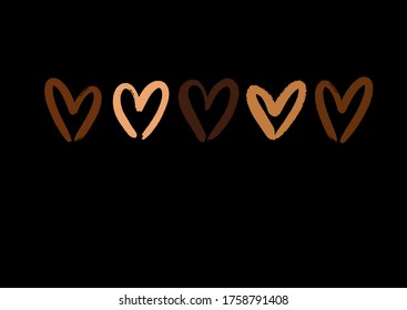 Vector illustration of grunge brush hearts of different chocolate colors isolated on black background. Template with hand drawn doodle hearts with copy space for text, quote. Stop racism concept.	